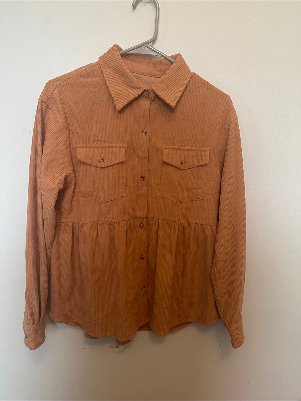 Corduroy Button-Front Peplum Shirt - Rust Small